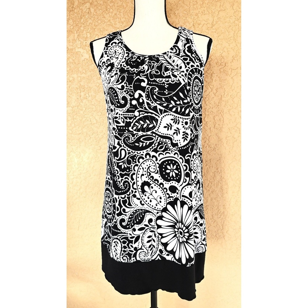 BCX Women's Sleeveless Paisley Floral Print Tunic Top Black White Size S